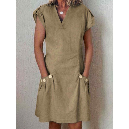 Women V-neck Short Sleeve Button Dress with Pockets