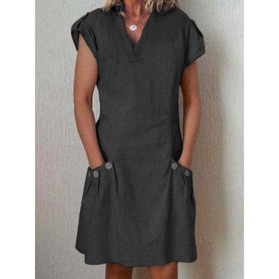 Women V-neck Short Sleeve Button Dress with Pockets