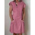 Women V-neck Short Sleeve Button Dress with Pockets