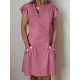 Women V-neck Short Sleeve Button Dress with Pockets