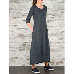 Women Vintage Casual Loose Button Pockets 3/4 Sleeve Dress