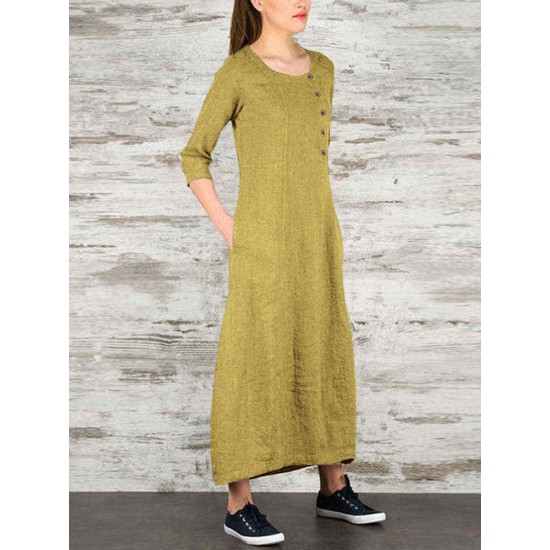 Women Vintage Casual Loose Button Pockets 3/4 Sleeve Dress