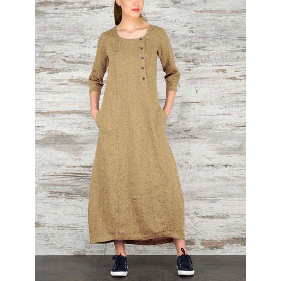 Women Vintage Casual Loose Button Pockets 3/4 Sleeve Dress