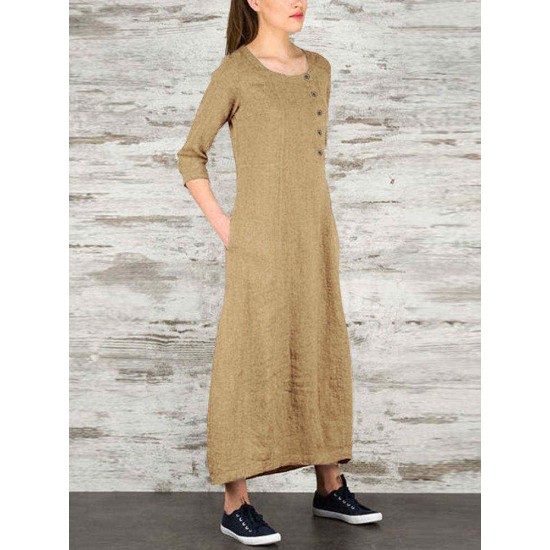 Women Vintage Casual Loose Button Pockets 3/4 Sleeve Dress