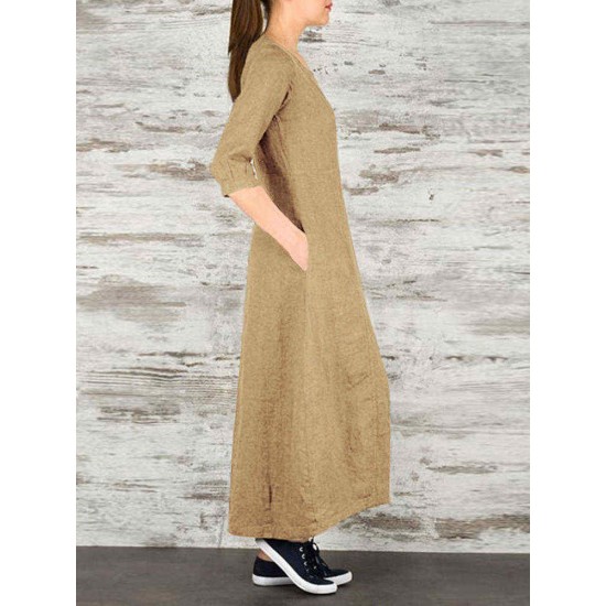 Women Vintage Casual Loose Button Pockets 3/4 Sleeve Dress