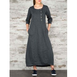 Women Vintage Casual Loose Button Pockets 3/4 Sleeve Dress