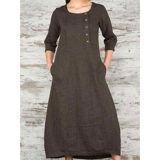 Women Vintage Casual Loose Button Pockets 3/4 Sleeve Dress