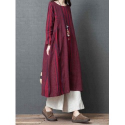 Women Vintage Cotton Linen Stripe Long Sleeve Dress