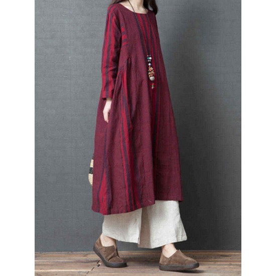 Women Vintage Cotton Linen Stripe Long Sleeve Dress