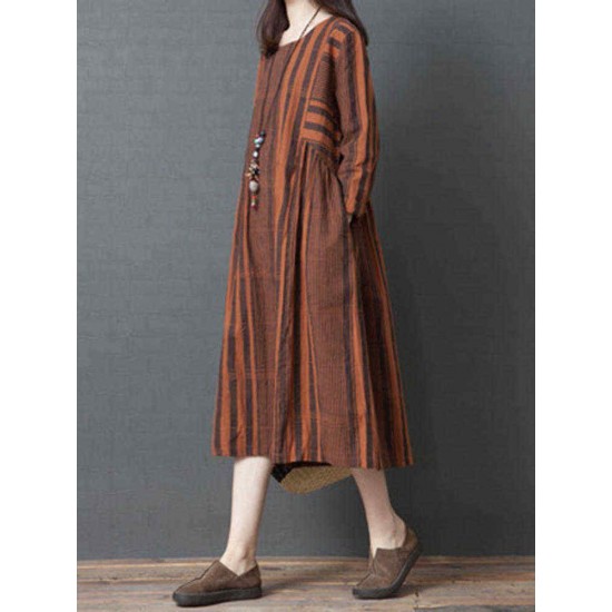 Women Vintage Cotton Linen Stripe Long Sleeve Dress