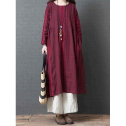 Women Vintage Cotton Linen Stripe Long Sleeve Dress