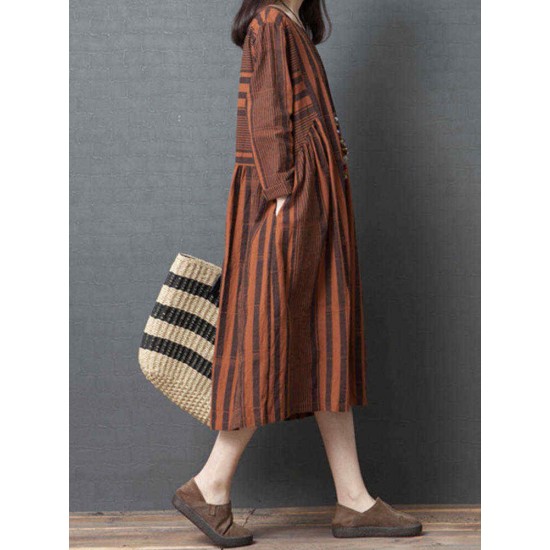 Women Vintage Cotton Linen Stripe Long Sleeve Dress