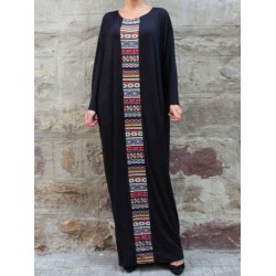 Women Vintage Crew Neck Batwing Sleeve Patchwork Kaftan Maxi Dress