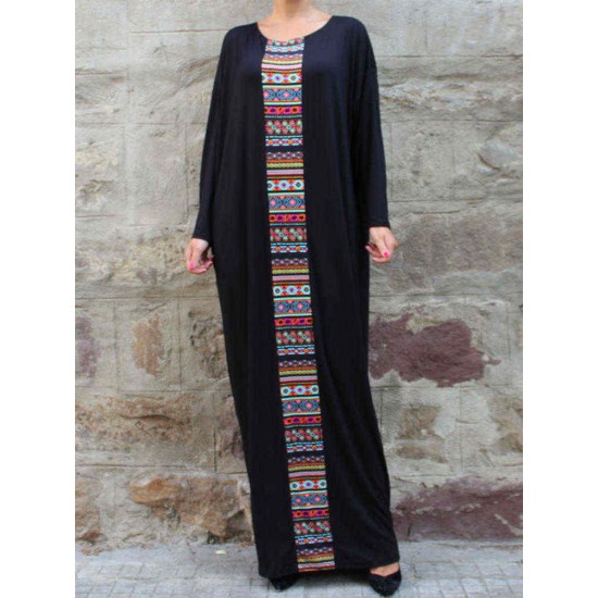 Women Vintage Crew Neck Batwing Sleeve Patchwork Kaftan Maxi Dress