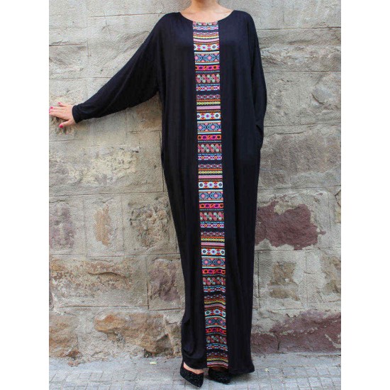 Women Vintage Crew Neck Batwing Sleeve Patchwork Kaftan Maxi Dress