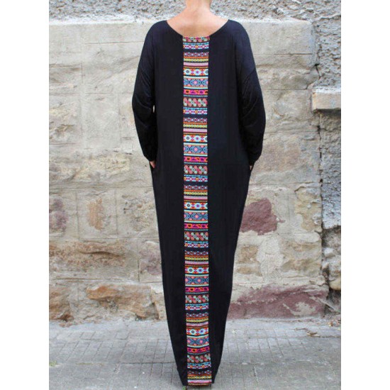 Women Vintage Crew Neck Batwing Sleeve Patchwork Kaftan Maxi Dress