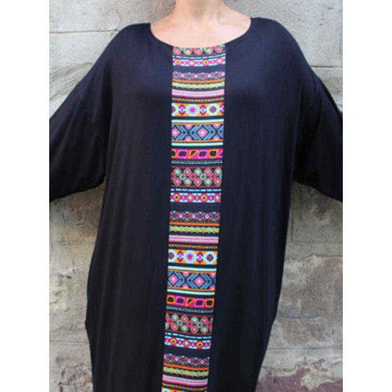 Women Vintage Crew Neck Batwing Sleeve Patchwork Kaftan Maxi Dress