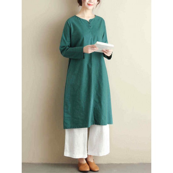 Women Vintage Crew Neck Long Sleeve Pockets Dress