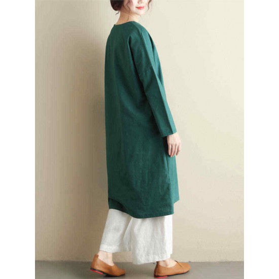 Women Vintage Crew Neck Long Sleeve Pockets Dress