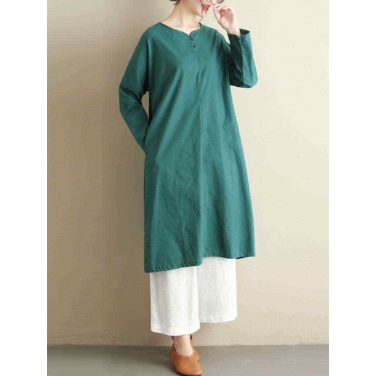 Women Vintage Crew Neck Long Sleeve Pockets Dress