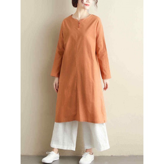 Women Vintage Crew Neck Long Sleeve Pockets Dress