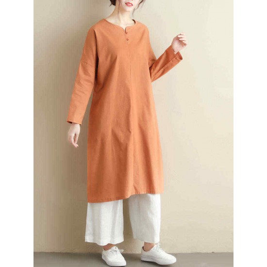 Women Vintage Crew Neck Long Sleeve Pockets Dress