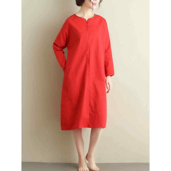 Women Vintage Crew Neck Long Sleeve Pockets Dress