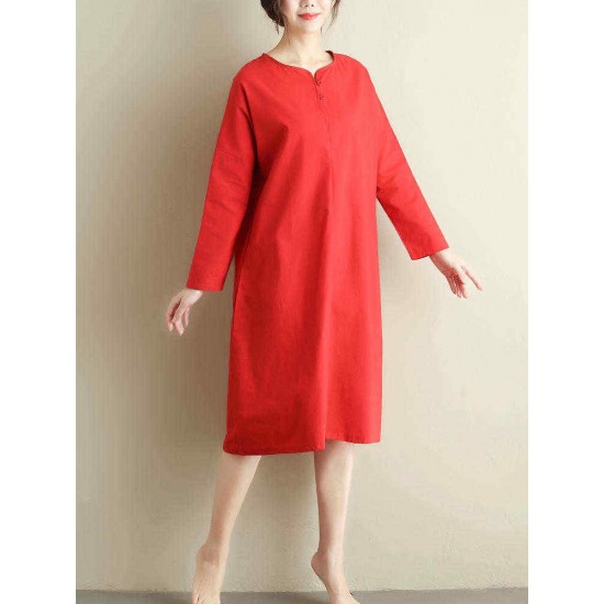 Women Vintage Crew Neck Long Sleeve Pockets Dress