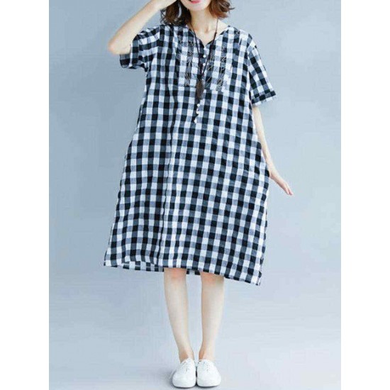 Women Vintage Embroidery Plaid Short Sleeves Dress with Pockets