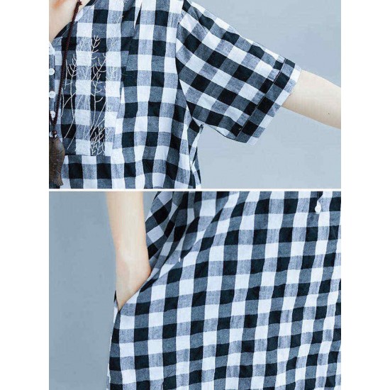 Women Vintage Embroidery Plaid Short Sleeves Dress with Pockets