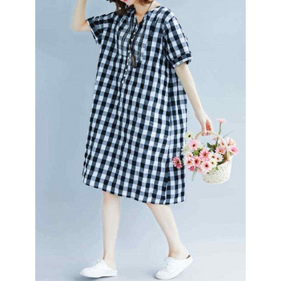 Women Vintage Embroidery Plaid Short Sleeves Dress with Pockets