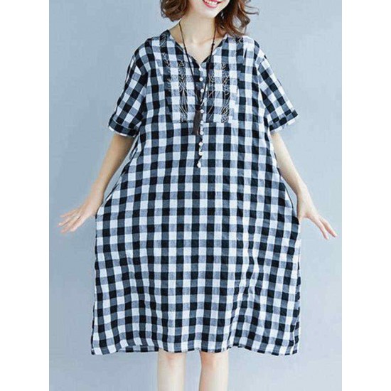 Women Vintage Embroidery Plaid Short Sleeves Dress with Pockets