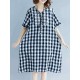 Women Vintage Embroidery Plaid Short Sleeves Dress with Pockets