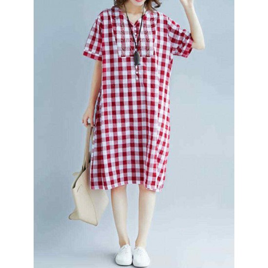 Women Vintage Embroidery Plaid Short Sleeves Dress with Pockets