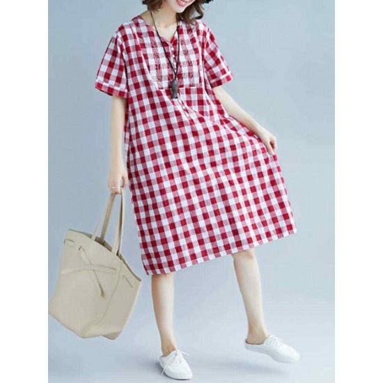 Women Vintage Embroidery Plaid Short Sleeves Dress with Pockets