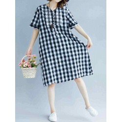 Women Vintage Embroidery Plaid Short Sleeves Dress with Pockets