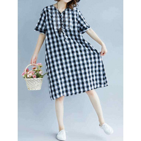 Women Vintage Embroidery Plaid Short Sleeves Dress with Pockets