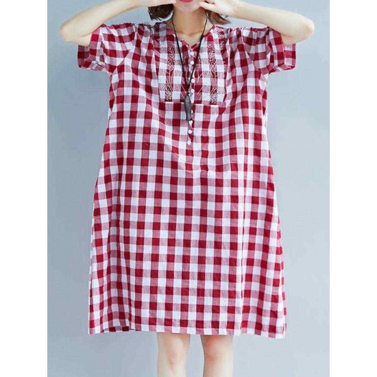 Women Vintage Embroidery Plaid Short Sleeves Dress with Pockets