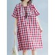 Women Vintage Embroidery Plaid Short Sleeves Dress with Pockets