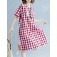 Women Vintage Embroidery Plaid Short Sleeves Dress with Pockets