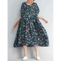 Women Vintage Floral Print O-neck Short Sleeves Loose Dress