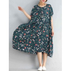 Women Vintage Floral Print O-neck Short Sleeves Loose Dress