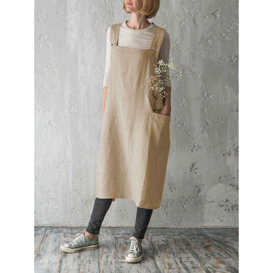 Women Vintage Japanese Style Cotton Aprons Dress with Pocket