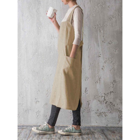 Women Vintage Japanese Style Cotton Aprons Dress with Pocket