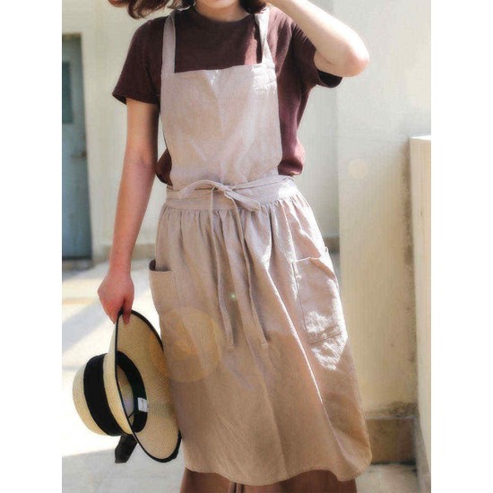 Women Vintage Japanese Style Cotton Linen Aprons Dress with Pockets