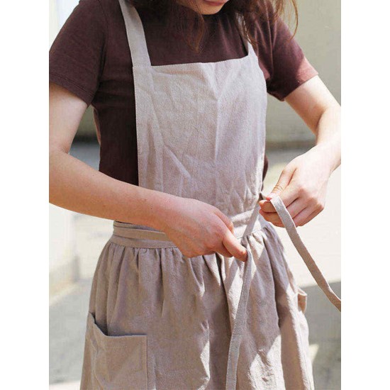 Women Vintage Japanese Style Cotton Linen Aprons Dress with Pockets