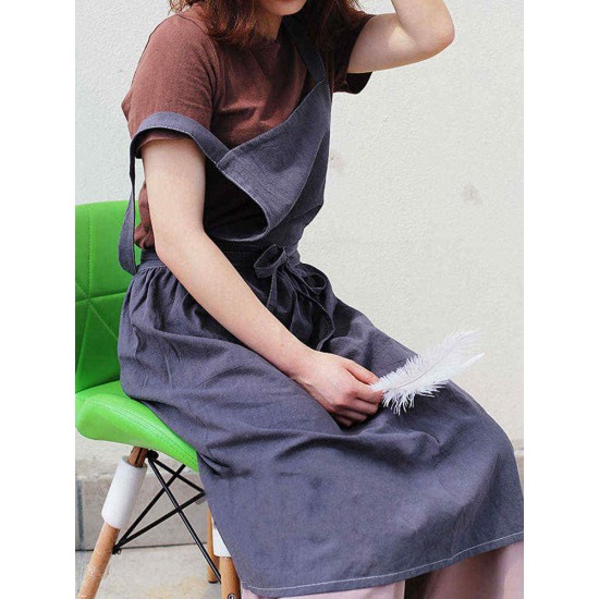 Women Vintage Japanese Style Cotton Linen Aprons Dress with Pockets