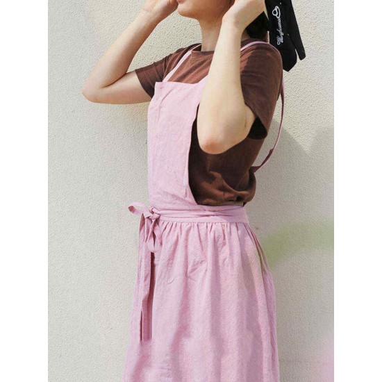 Women Vintage Japanese Style Cotton Linen Aprons Dress with Pockets