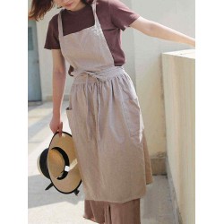 Women Vintage Japanese Style Cotton Linen Aprons Dress with Pockets