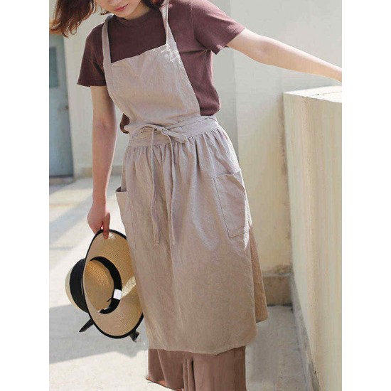 Women Vintage Japanese Style Cotton Linen Aprons Dress with Pockets